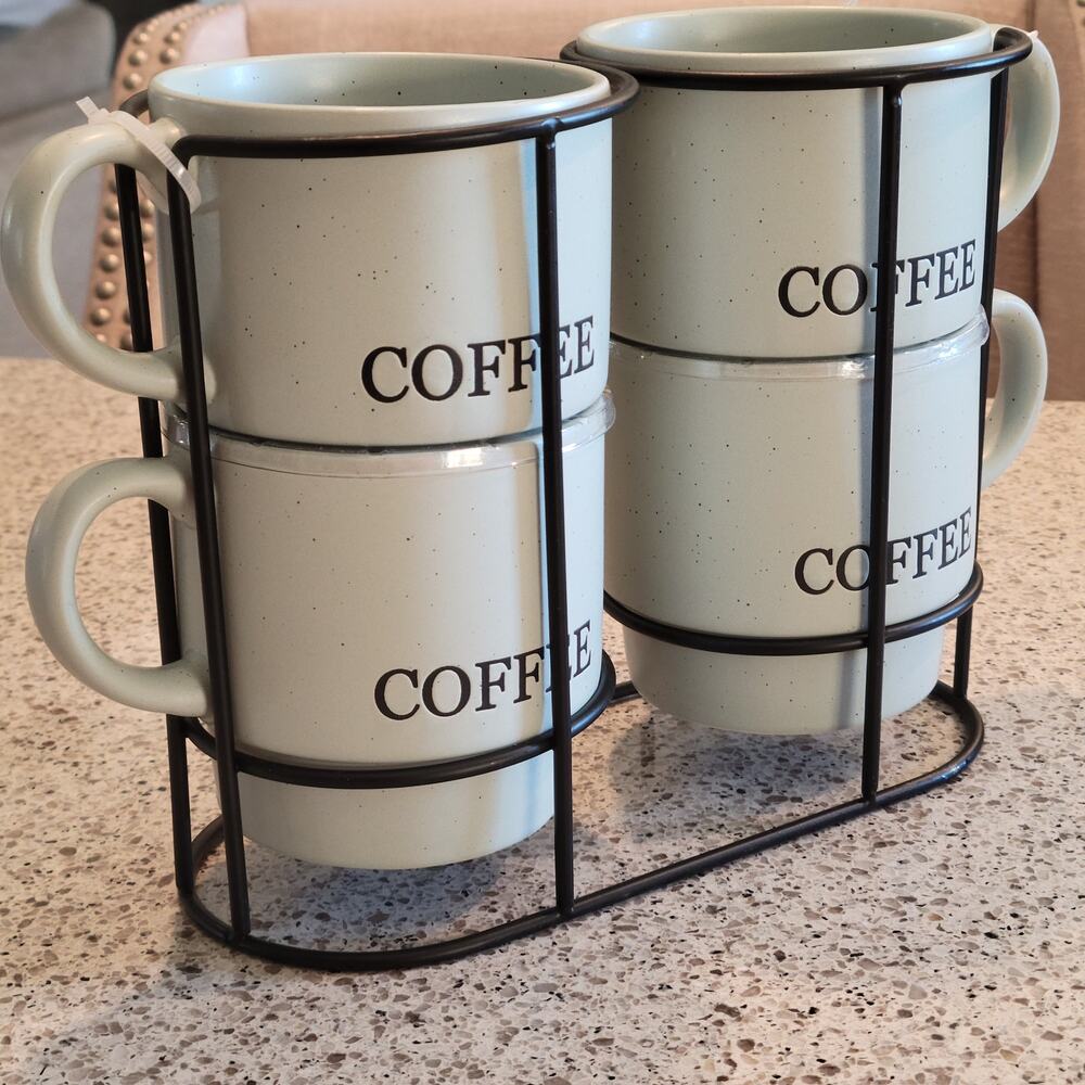 NEW Set 4 Coffee Break Tower Stoneware Mugs Mint Green Wire Rack Nicole Miller